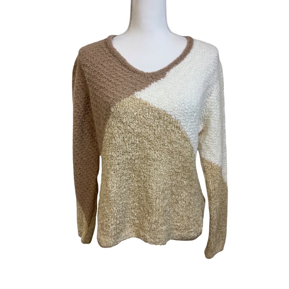 J JILL Handknit V Neck Sweater M Colorblock Neutral Boho Chic Cozy Soft Luxury